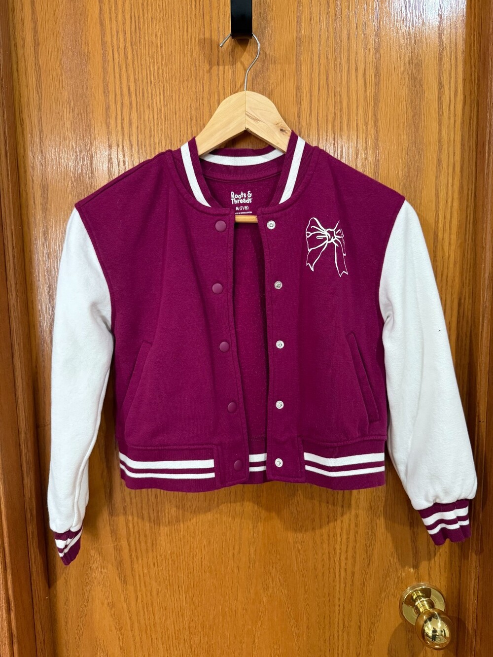 Roots & Threads Maroon Bow Graphic Girl's Varsity Jacket M (7/8)